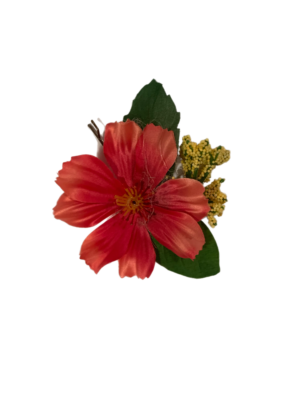 Red Flower Pin Clip with Leaves